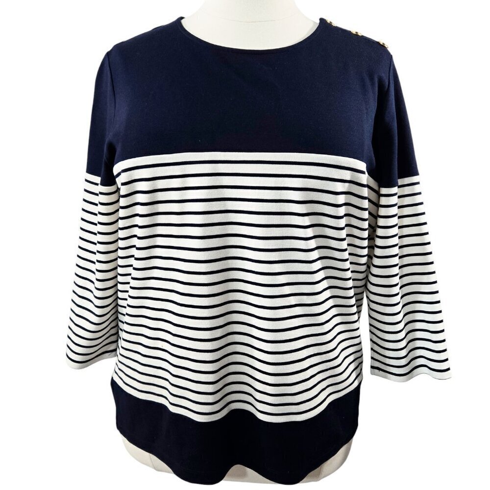 Lauren Ralph Lauren Navy Blue White Stripe Top Shoulder Buttons Nautical Preppy